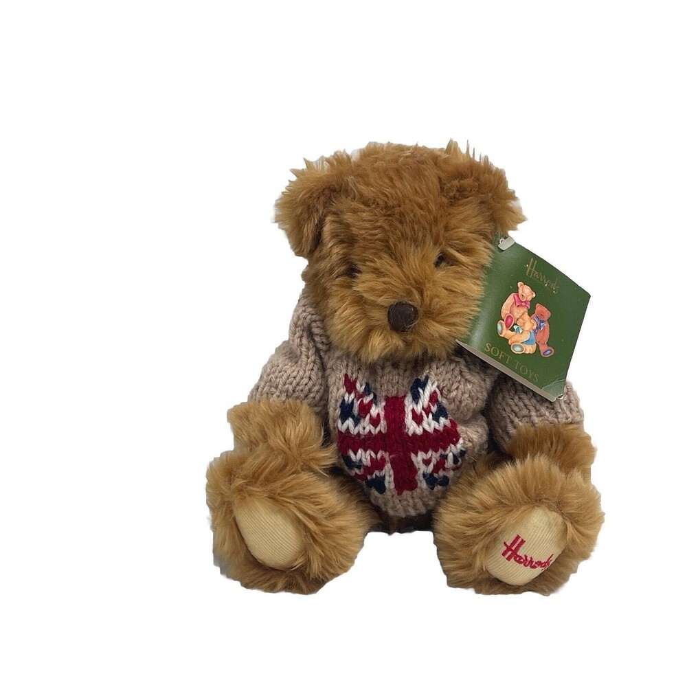 Harrods Knightsbridge Plush Teddy Bear Toy British Union Jack Flag Red Sweater